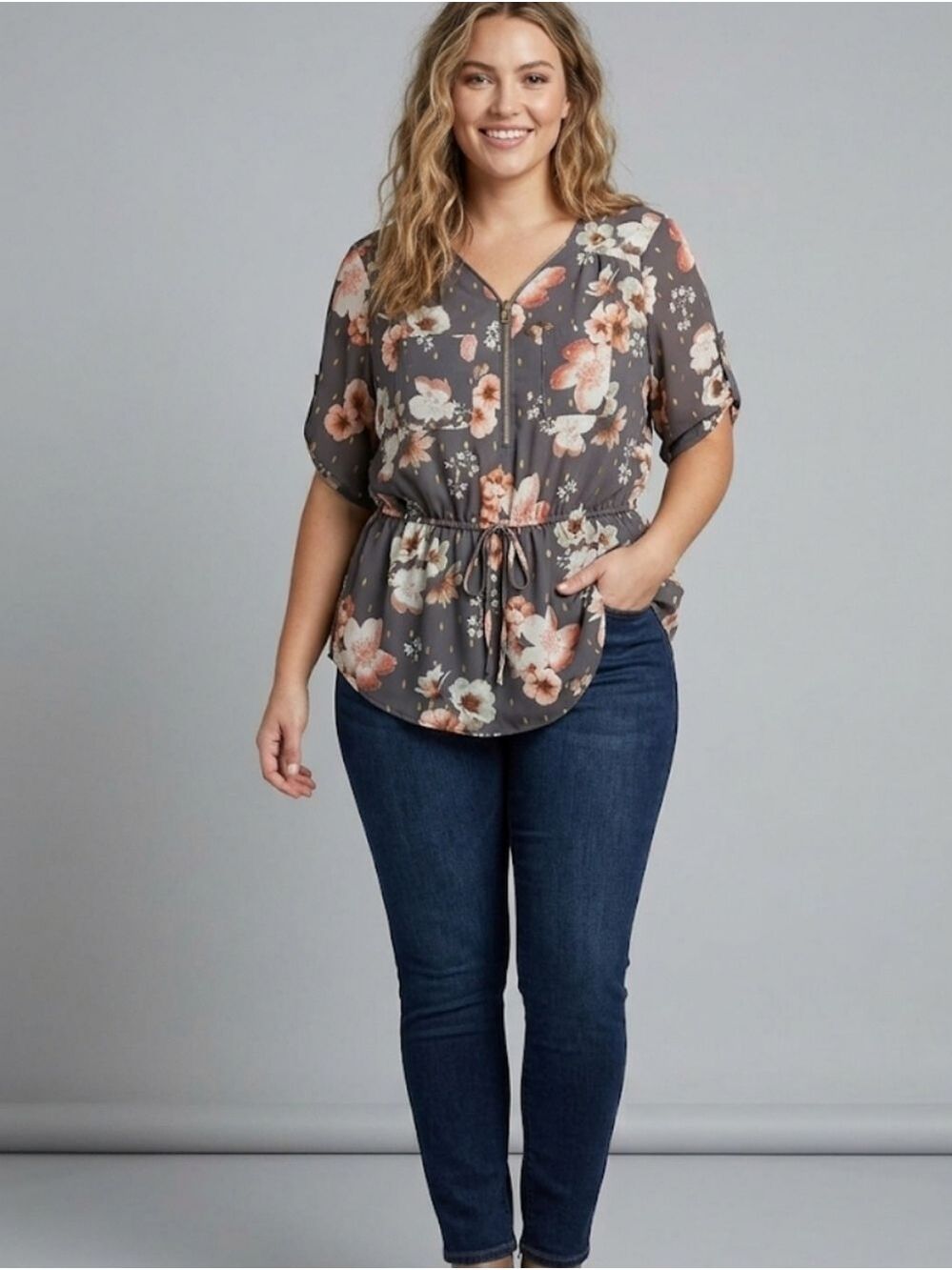 J For Justify Blouse,Gray, Pink Floral, Zipped Front , Two Pockets,Size Medium.